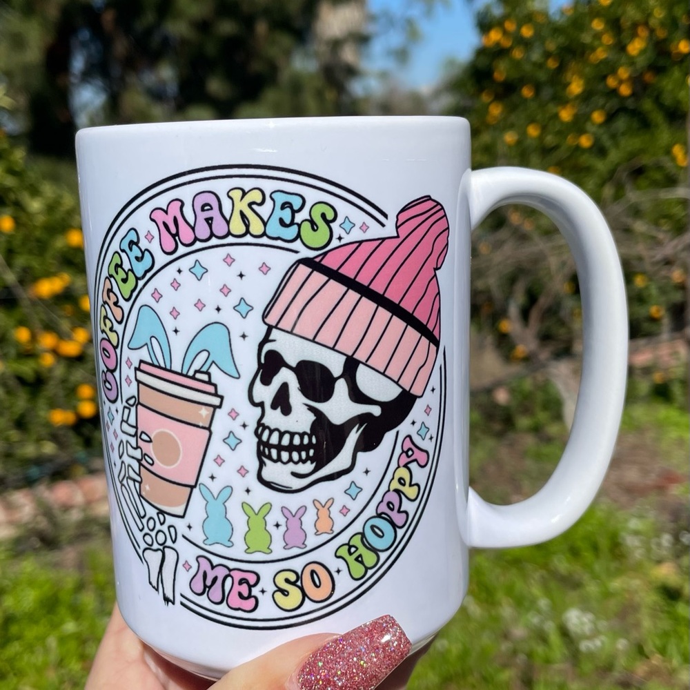Coffee makes me so hoppy skeleton spring 15oz coffee mug